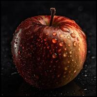 sorprendentes fotografía de delicioso rojo manzana con agua gotas en oscuro fondo, generativo ai. foto