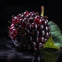 Striking Photography of Delicious Ripe Blackberry with Leaves on Dark Background. . photo