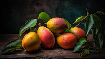 Fresco mariano ciruela, mariano mango o plango y verde hojas en de madera textura mesa. creado por generativo ai tecnología. foto