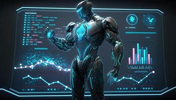 Robot Operating Virtual Interface and Manipulating Elements with Robotic hand. Holographic Screen Artificial Intelligence Concept. Robots Control People in the Near Future. photo