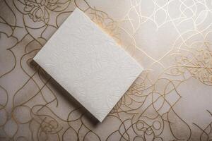 Top View of Beige Luxury Wedding Invitation Card, Mock up Template for Design or product placement created using . photo