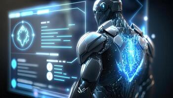 Robot operating virtual interface and manipulating elements with robotic hand. Blue holographic screen artificial intelligence concept. Robots control people in the near future. photo