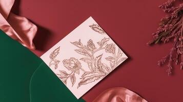 Top View of Blank Beige Luxury Card with Pampas Flowers on Red And Green Silk Background. Spring or Wedding Card, Template Mockup. . photo