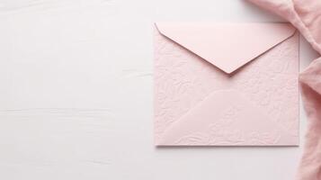 Minimal Soft Pink Color Handmade Paper Envelope with Floral Embossing Mockup, . photo