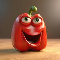 Pixar Style Cheerful Red Capsicum 3D Character on Shiny Brown Background. . photo