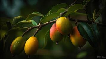 Beautiful Organic Background of Fresh Marian Plum, Mango or Plango on Branch and Water Droplets. Created By Technology. photo