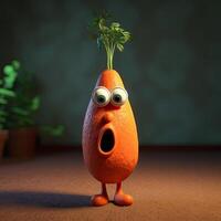 Pixar Style Open Mouth Carrot 3D Character with Potted Plant on Green and Brown Background. Generative AI. photo