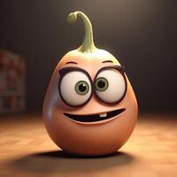 Pixar Style Happy Orange Eggplant 3D Character on Shiny Brown Background. . photo
