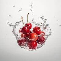 Juicy Fresh Cherry Splashing into Water, Food Levitation. Created By . photo