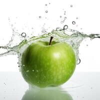 Green Apple Splashing into Water, Food Levitation. Technology. photo