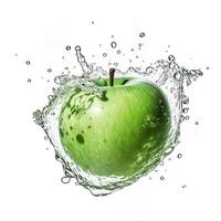 Green Apple Splashing into Water, Food Levitation. Technology. photo