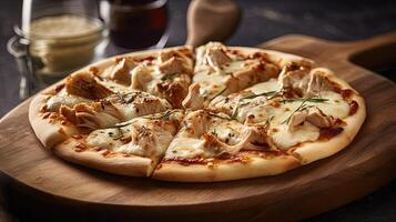 Delicious Chicken Pizza with Alfredo Sauce Topped on Wooden Cutting Board for Ready to Eat Concept, Food Photography. Template for Restaurant. . photo