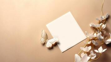 Top View of Blank Invitation Card, Paper Mockup with Beautiful Blossom Branches and Butterfly on Peach Background. . photo