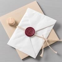 Closeup View of White and Brown Old Letter Envelope with Red Wax Seal and Stamp on Grey Texture Background. . photo