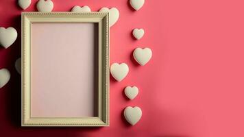 3D Render, Photo Frame With Image Placeholder Against Hearts Decorated Red Wall.