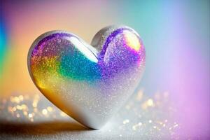 Shiny Colorful Glittery Heart Shape On Rainbow Background. 3D Render. photo