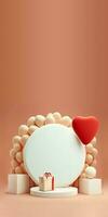 3D Render of Circular Frame Decorated With Balloons On Podium And Gift Box. photo