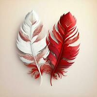 Realistic Beautiful Paper Feathers In White And Red Color. photo