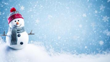 Funny snowman on Christmas holiday winter background, Merry Christmas and Happy Holidays wishes, photo