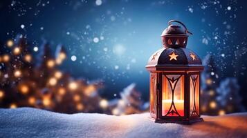 Vintage Christmas lantern on snow as magic night winter holiday background, Merry Christmas and Happy Holidays wishes, generative ai photo