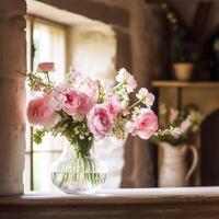 ramo de flores de Fresco Rosa flores en el país cabaña. generativo ai foto