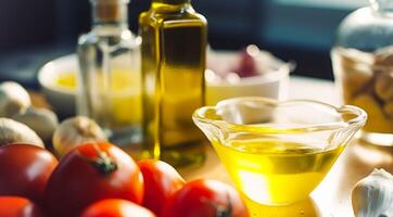 Olive oil and vegetables prepared for cooking recipe, food and spices. photo