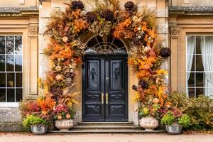 Splendid autumnal decorations on a classic door entrance, welcoming autumnal holiday season, photo