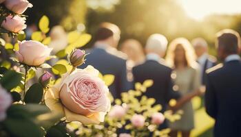 Boda invitados disfrutando fiesta celebracion en el flor jardín a el dorado hora. generativo ai foto