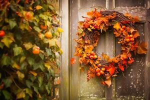 Autumn wreath decoration on a classic door entrance, welcoming autumn holiday season with autumnal decorations, photo