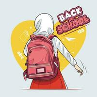Back to school. Hijab kid girl is running and going to school with fun vector illustration free download