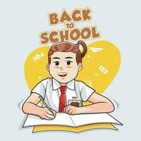 espalda a escuela. niño niña en colegio uniforme es escritura vector ilustración Pro descargar