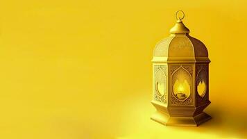 Illuminated Golden Arabic Lantern On Chrome Yellow Background. Islamic Religious Concept. 3D Render. photo