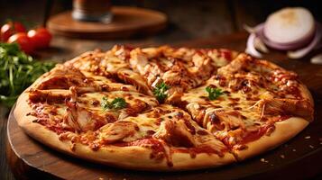 Whole BBQ Chicken Pizza on Wooden Cutter Board for Fast Food and Ready To Eat Concept. . photo