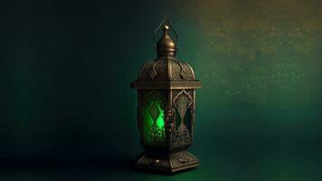 Realistic Illuminated Arabic Lantern On Green Background. 3D Render. photo