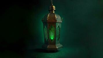 Realistic Arabic Lantern On Green Background. 3D Render. photo