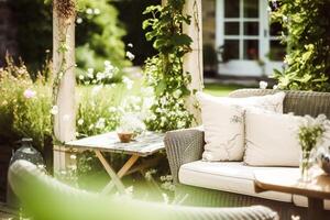 Country cottage garden furniture in summer. photo