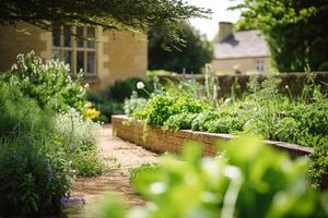 Herbaceous border and green garden in summer near countryside cottage house. photo