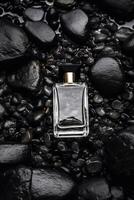 moderno vaso hombres perfume botella entre negro rocas en el lluvia, fragancia y perfumería, posprocesado, generativo ai foto