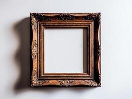 Antique empty wooden square frame on a white wall. Generative AI photo