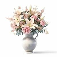 Beautiful bouquet of blooming flowers in a vintage vase isolated on white background, country style home decor and interior design, photo