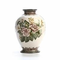Antique vintage ceramic vase with floral print isolated on white background, country style home decor and interior design, photo