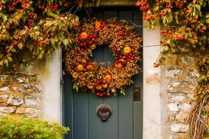 Autumn wreath decoration on a classic door entrance, welcoming autumn holiday season with autumnal decorations, photo