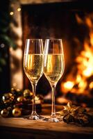 Champagne in front of a fireplace on a holiday eve celebration, Merry Christmas, Happy New Year and Happy Holidays wishes, photo