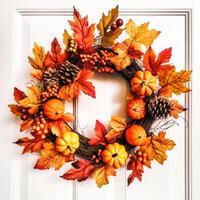 Autumn wreath as decoration on white door, welcoming autumn holiday season with autumnal decorations, photo