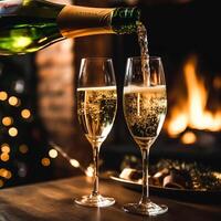 Champagne in front of a fireplace on a holiday eve celebration, Merry Christmas, Happy New Year and Happy Holidays wishes, generative ai photo