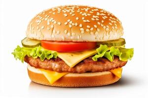 Perfect chicken burger isolated on white background, post-processed, generative ai photo