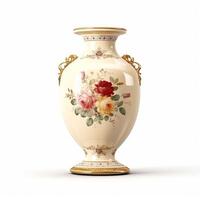 Antique vintage ceramic vase with floral print isolated on white background, country style home decor and interior design, photo