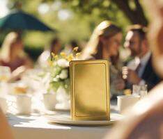 Golden blank plate card for wedding decoration mockup. Generative AI photo