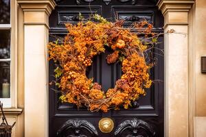 otoño guirnalda decoración en un clásico puerta entrada, acogedor otoño fiesta temporada con otoñal decoraciones, generativo ai foto