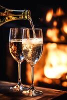 Champagne in front of a fireplace on a holiday eve celebration, Merry Christmas, Happy New Year and Happy Holidays wishes, generative ai photo